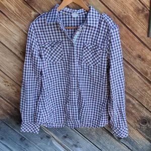 MEC shirt button up purple cream white gingham flannel Cabin shirt medium